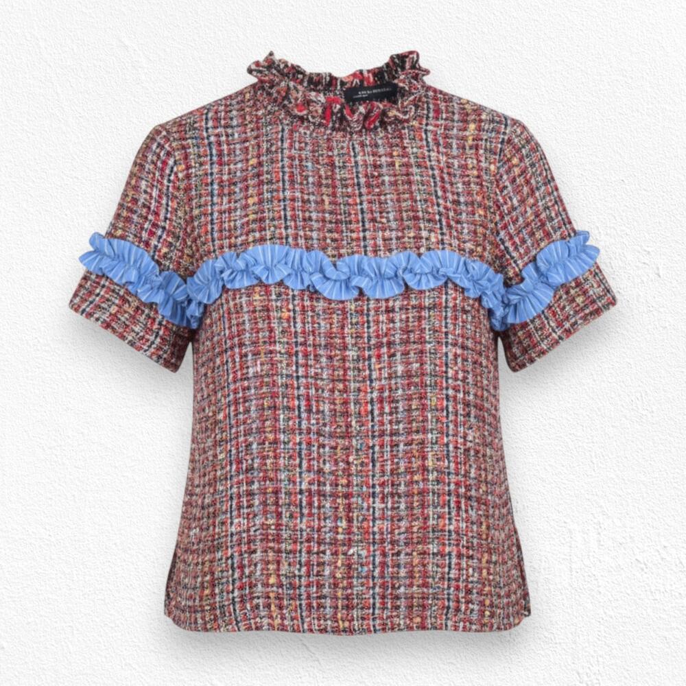 Zara Multicolor Tweed Blue Ruffle Trim Short Sleeve Boxy Crop Blouse Size Small